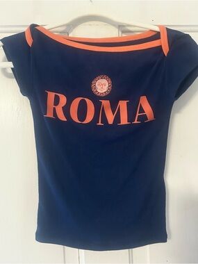 Urban Outfitters Navy Crop Top with Orange ROMA Graphic